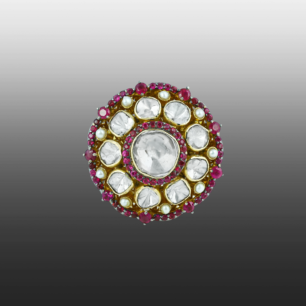 Polki Ring with Red Colourstone and Pearl Halo